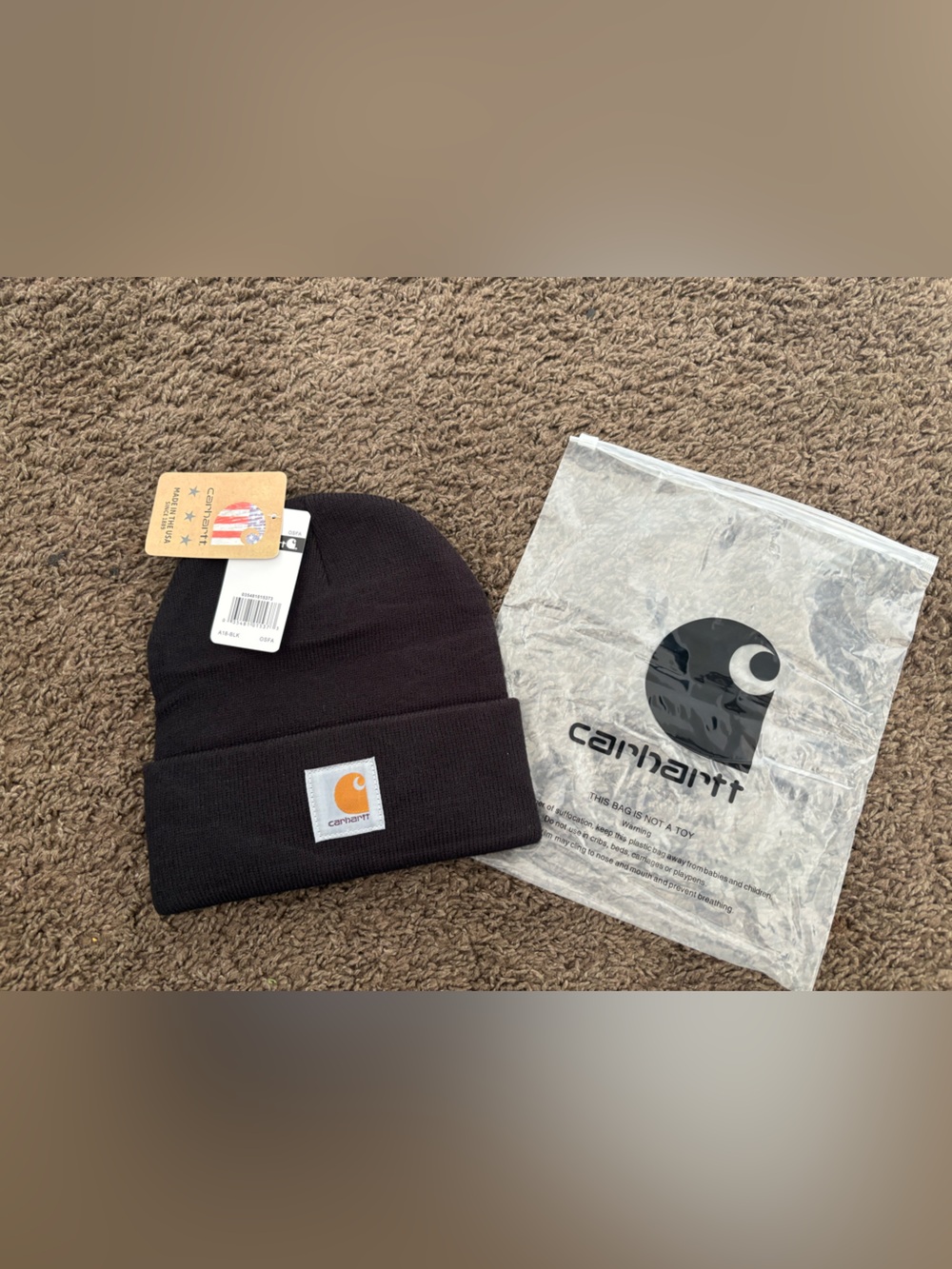 Carhartt Black Ribbed Cuffed Beanie with Orange Logo Patch